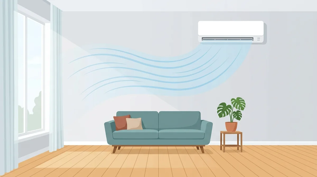 A wall mounted split air conditioner blowing cool air across a living room with a sofa and a plant