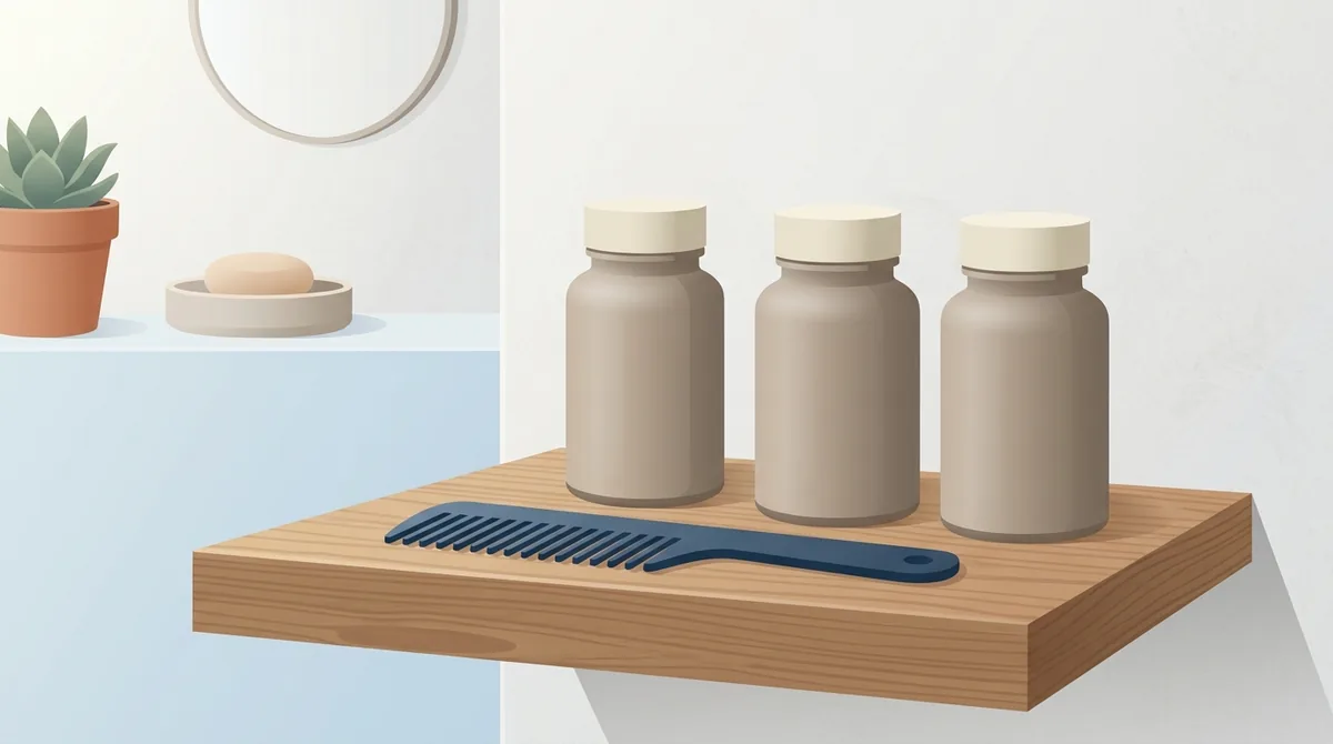 Two plain supplement bottles standing side by side on a bathroom shelf with a comb lying in front of them