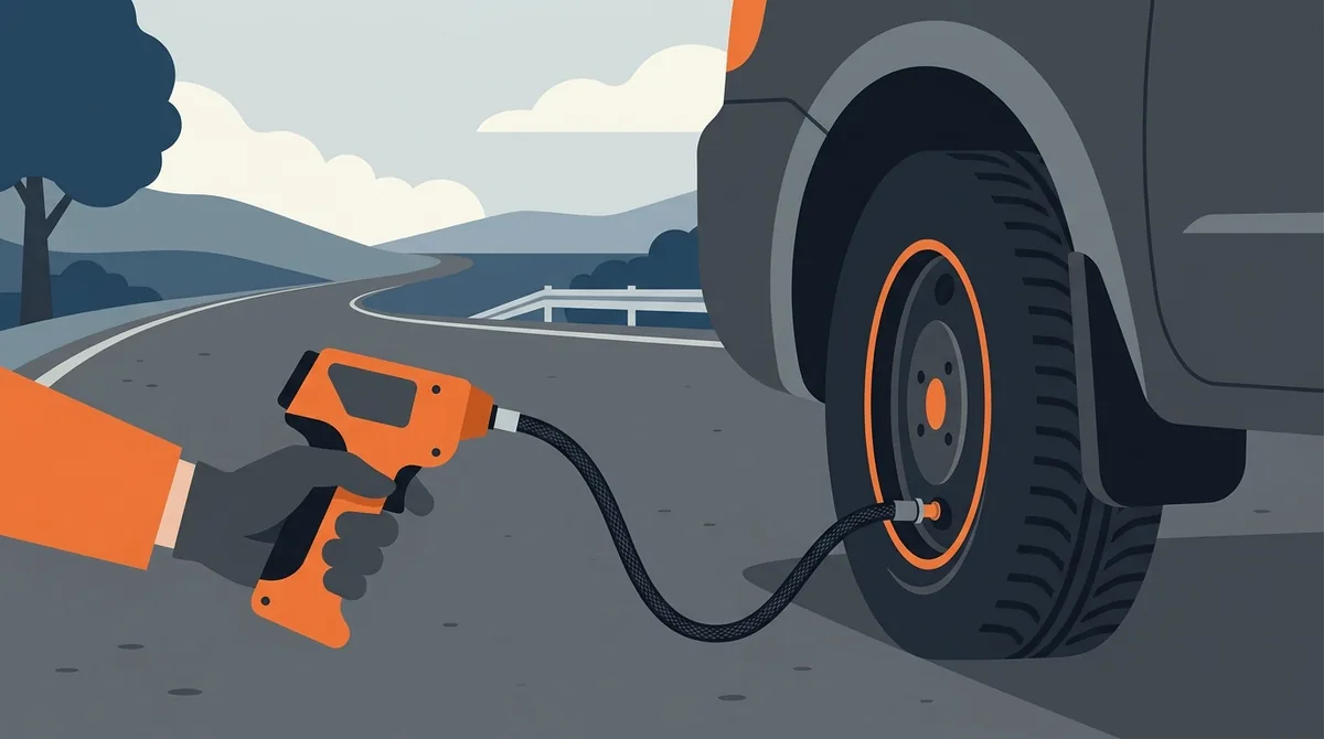 A small orange portable tyre inflator sitting on tarmac beside a car wheel with its hose screwed onto the valve