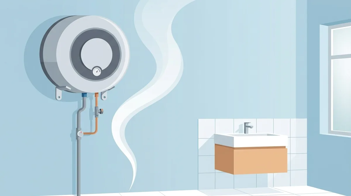 A wall mounted round water heater tank in a clean bathroom with a warm steam plume rising near it
