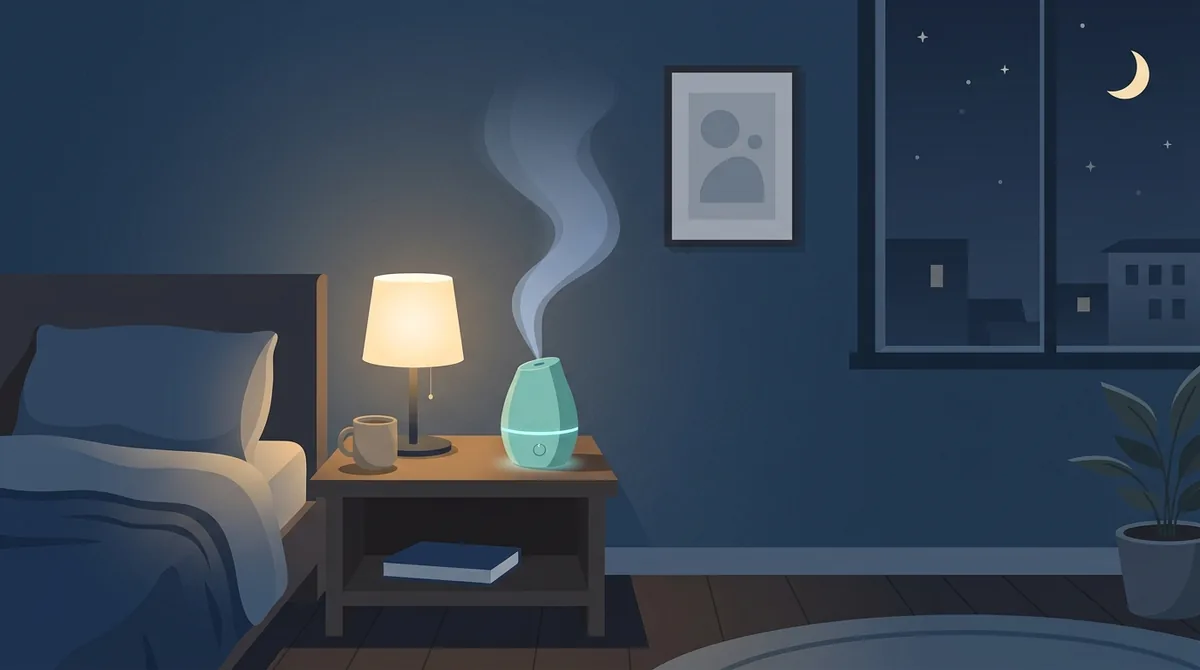 A small humidifier on a bedside table releasing a soft mist plume in a dim bedroom
