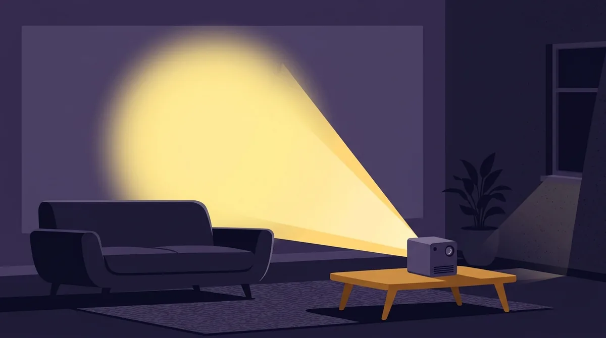 A small white portable projector on a wooden table throwing a bright rectangle onto a plain living room wall
