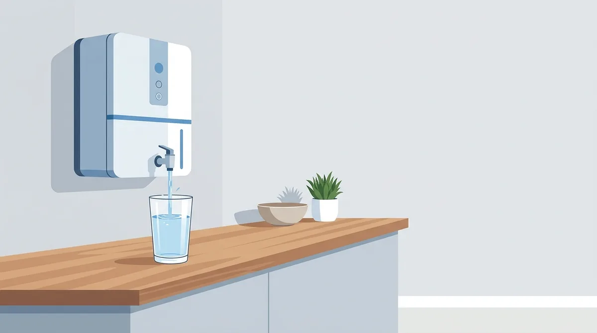 A wall mounted water purifier above a kitchen counter with a clear glass of water filling below it