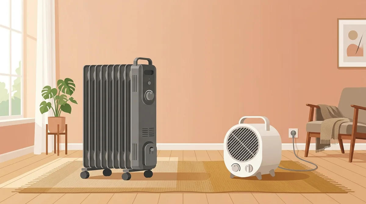 An oil filled column radiator on the left and a small fan heater on the right, both standing in one warm living room